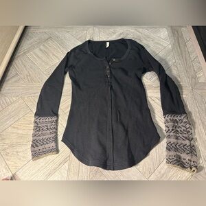 Free People Alpine Cuff Ski Lodge Waffle Knit Henley Thermal top in black